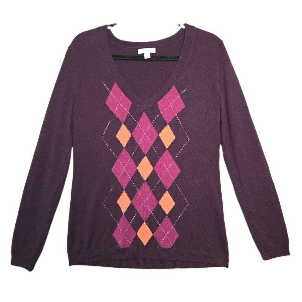 New York & Company Argyle Sweater Women's Large Pullover Top Plum Purple Preppy